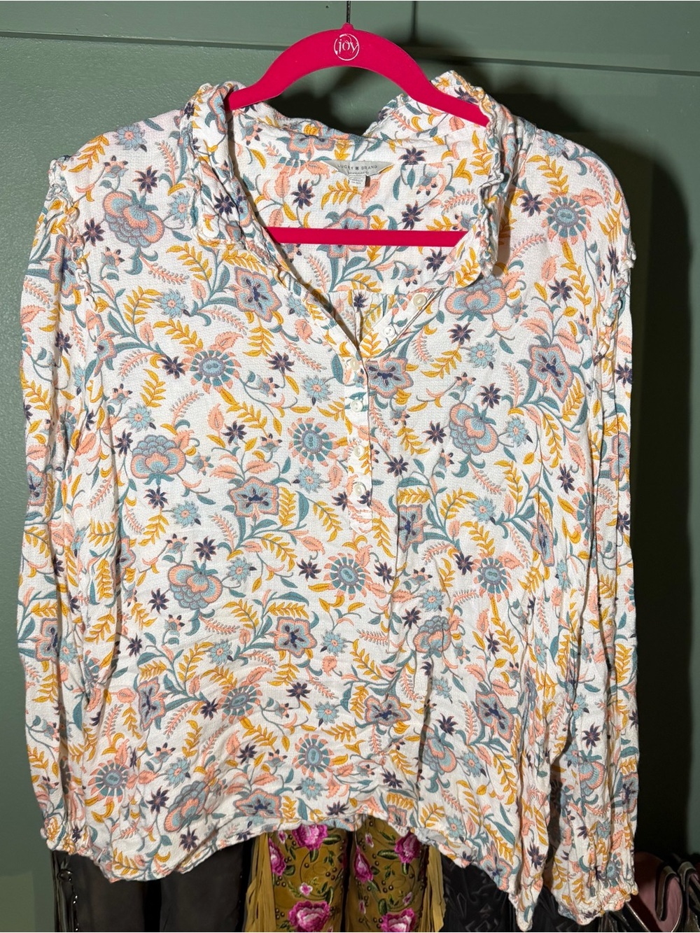 Lucky Brand Floral Button-Front Blouse in Cream with Mustard & Teal Accents XL